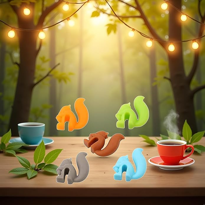 5Pcs Random Color Cute Squirrel Shape Silicone Tea Bag Holder Cup, Squirrel Drink Markers, Tea Bag Holder for Cup Hanging Tool Mug Candy Colors Gift Set，Tea Bag Coasters，Coffee, Tea and Espresso