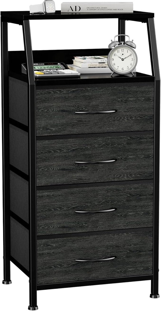 Dresser with 4 Drawers, Fabric Storage Tower for Bedroom, Black Clothes Storage Drawers, Vertical Closet Organizer for Kids Room, Entryway, Nightstand Bedside Table, Sturdy Steel Frame & Wooden Top