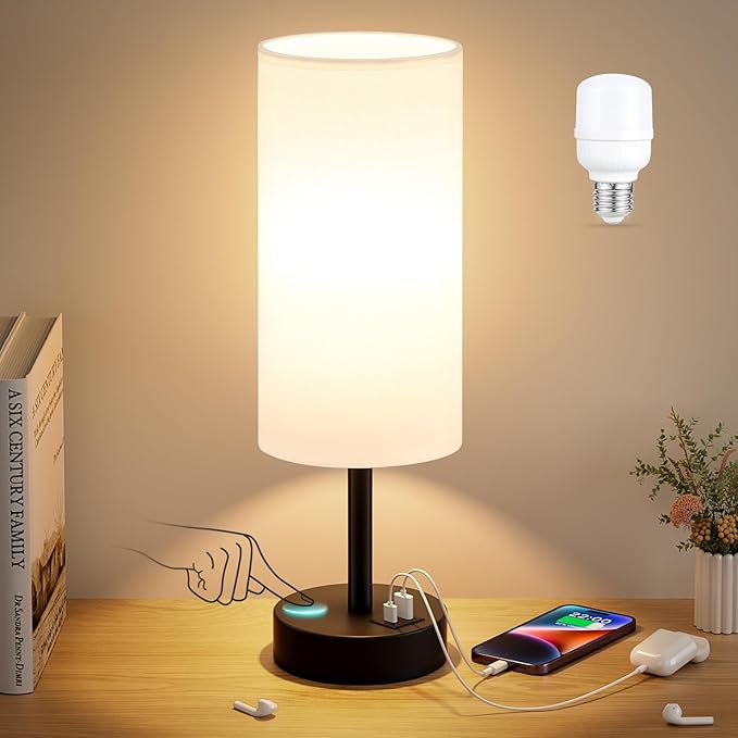 White Touch Table Lamp with USB - 3 Way Dimmable Bedside Lamp for Nightstand, Bedroom Lamp with Black Charging Station for Desk, Office, Kids Room, Dorm, Small