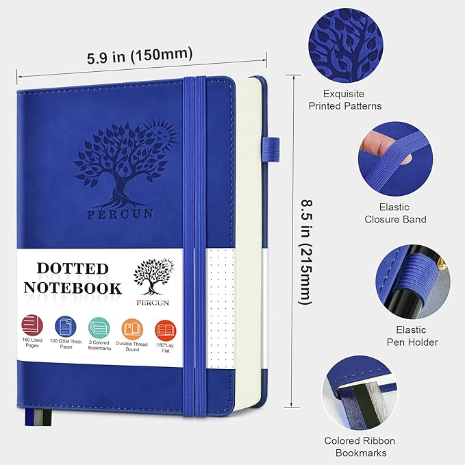 Dotted Journal Notebook for Men & Women, 160 Pages Dot Grid notebook for Note Taking, Bullet Journaling Notebook for Work, School, Travel, Writing, A5 Hardcover 5.9" x 8.5"(Navy)