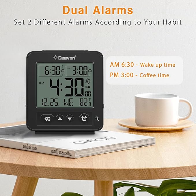 Geevon Small Digital Atomic Alarm Clock for Bedroom, Travel Table Clock with Auto/8s Backlight, 2 Alarm, Temperature, Desk Clock Battery Operated for Deep Sleepers Kids Elderly Home Office, Black