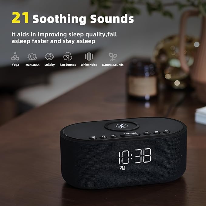 Sound Machine Alarm Clock for Bedrooms: Bluetooth 10W Stereo Sound Speaker with Wireless Charging - White Noise Machine for Sleeping with 21 Soothing Sounds - Black