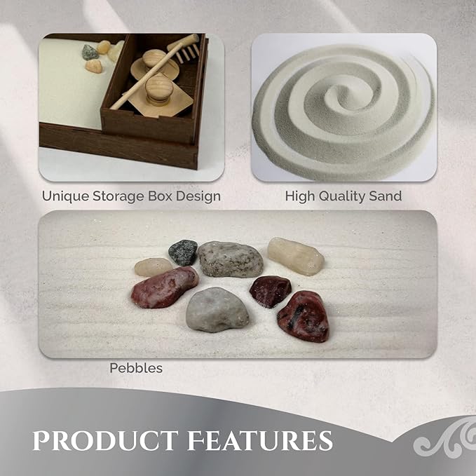 Wooden Zen Garden with Accessories Box | White Sand with Rake & Accessories | Minimalist Decor Gift for Relaxation | Great for Storing Tools and Other Items