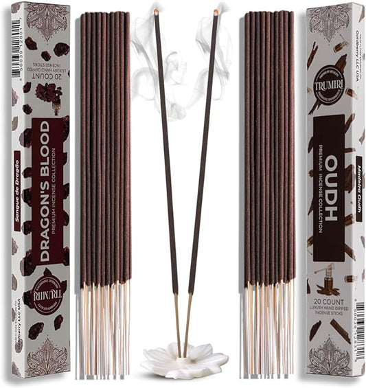 Trumiri Incense Sticks - Combo Pack of 40 Insence-Sticks - 20 Dragons Blood + 20 Oud - Insenses - Insents - Incents - Inscense - Incence - Incienso - All Natural Incense Sticks