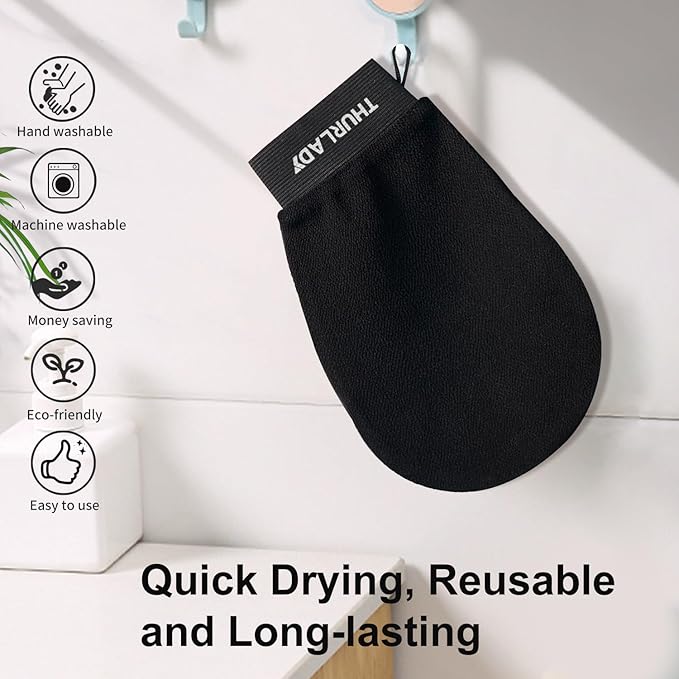 Korean Exfoliating Mitt, Exfoliating Glove, 3 Pack Viscose Fiber Body Scrub Gloves, Dead Skin Remover for Smoother Skin, Self-Tan Prep and Removal, Black
