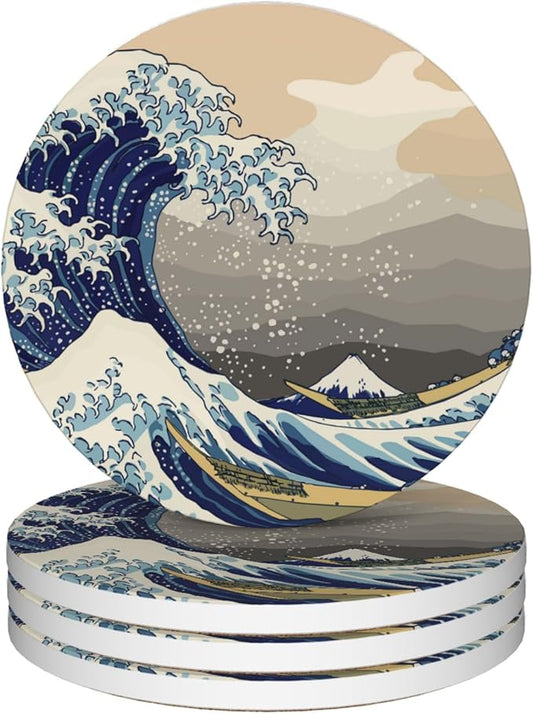 Japanese Style Waves Round 4" Cup Coasters Set of 4, Absorbent Ceramic Coasters with with Cork Backing, Table Home Decor, Gifts for Women Men