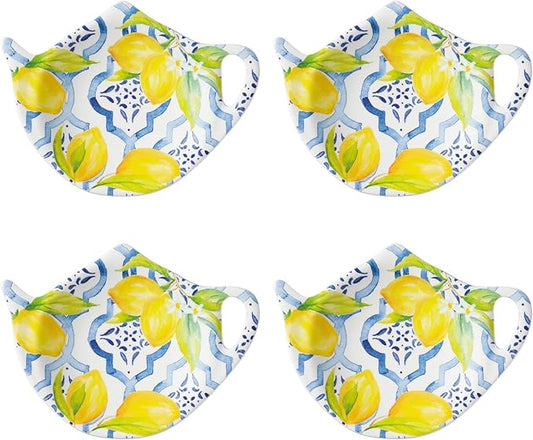 Supreme Housewares Lovely Lemon Tea Bag Holders, Teapot Shaped Tea Bag Coasters Spoon Rests Saucer Seasoning Dish Set, Blue and Yellow, 4 x 3 Inch, Set of 4