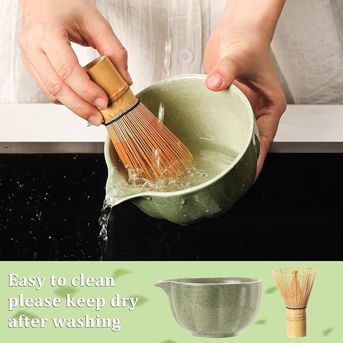Matcha Set, 7 Pcs Mottled Green Matcha Whisk Set - Include Ceramic Petal Matcha Bowl with Spout, Bamboo Whisk, Chasen Holder, Sifter, Scoop, Tea Towel, Scoop Rest - Matcha Making Kit for Tea Lover