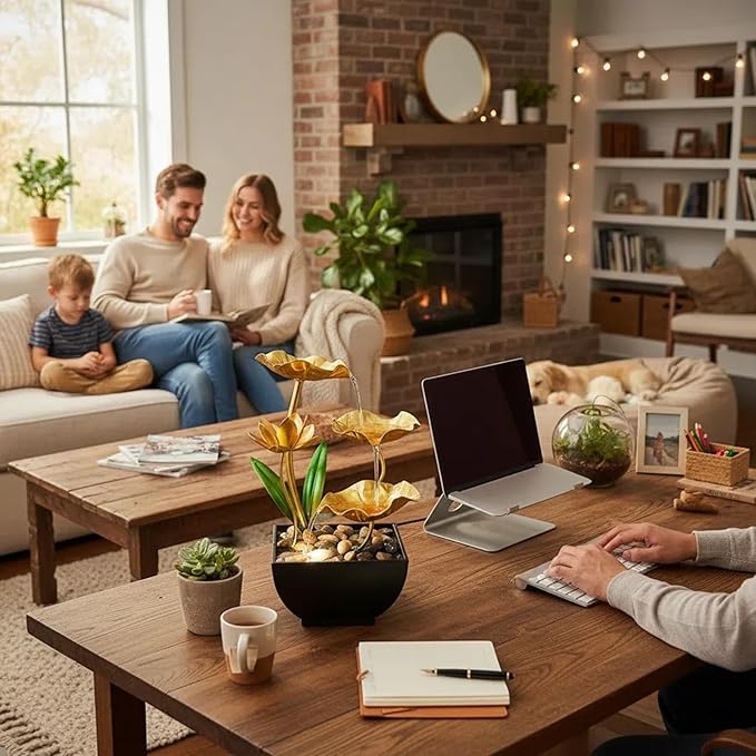 Gold Tabletop Water Fountain, Desktop Waterfall, Indoor Lotus Desktop Decorative Fountain, Home Bathroom Bedroom Decor.Thanksgiving Gift