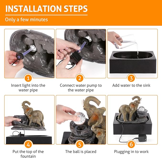 WICHEMI Water Fountains Indoor Waterfall Fountain Tabletop Fountain Water Feature Indoor Zen Garden Elephant Fountain with LED Warm Light for Home and Office Indoor Spaces Decor