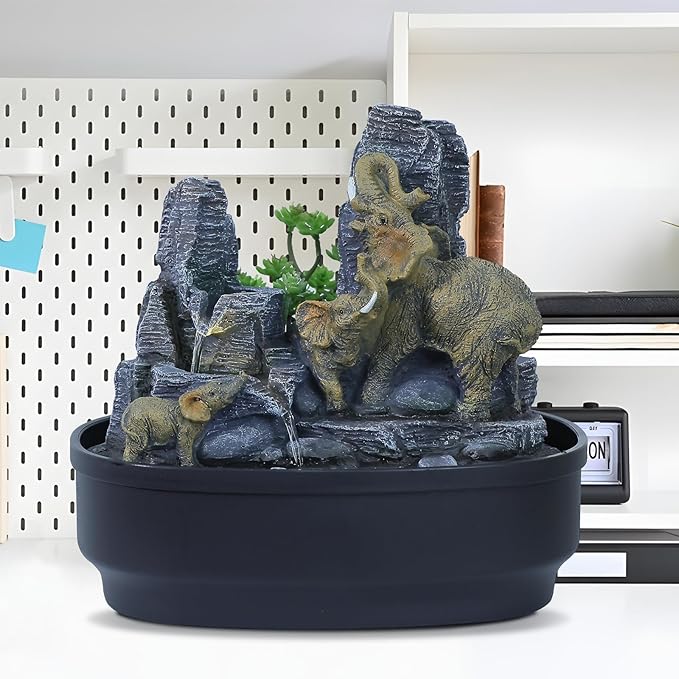Elephant Tabletop Fountain with Cascading Rocks & LED Lights, Zen Indoor Water Feature for Living Room/Office/Bedroom, Multi-Room Home Decor and Elephant Lover Gift (10.8" H)