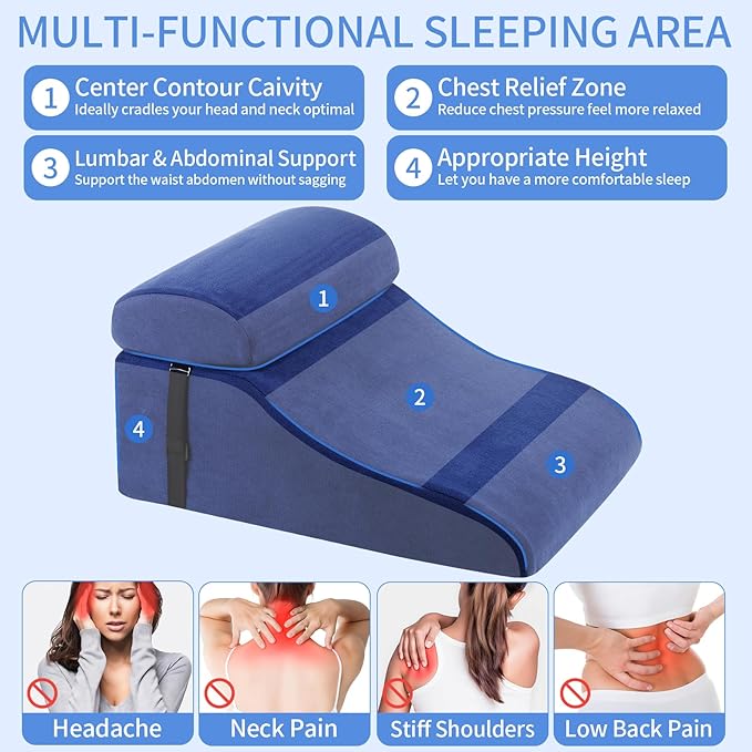 Reading Pillow for Bed Adult, Memory Foam Wedge Pillow Headboard with Adjustable Lumbar Support Backrest Cushion for Sitting in Bed/Resting/Bedrest, Couch or Floor, Blue