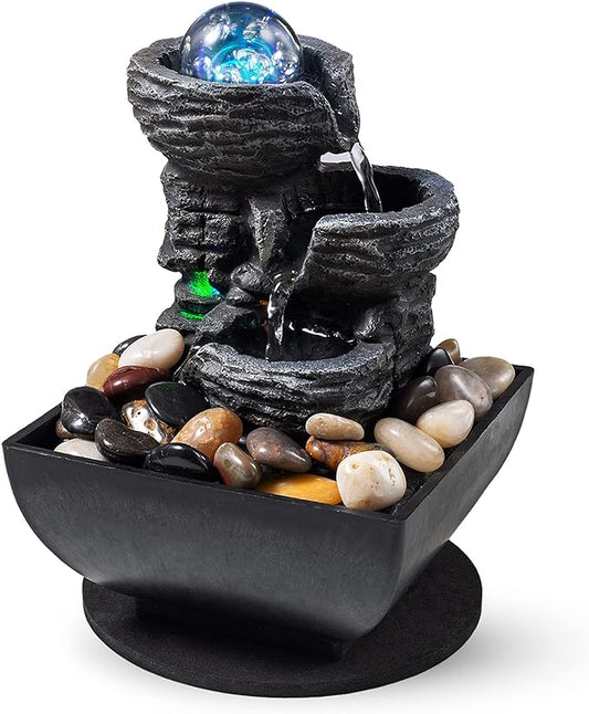 Tabletop Fountain Indoor Waterfall Meditation Fountain Like Layers of Rock Desktop Water Feature Includes Many Natural River Rock LED Lights Rolling Decorative Bubble Balls