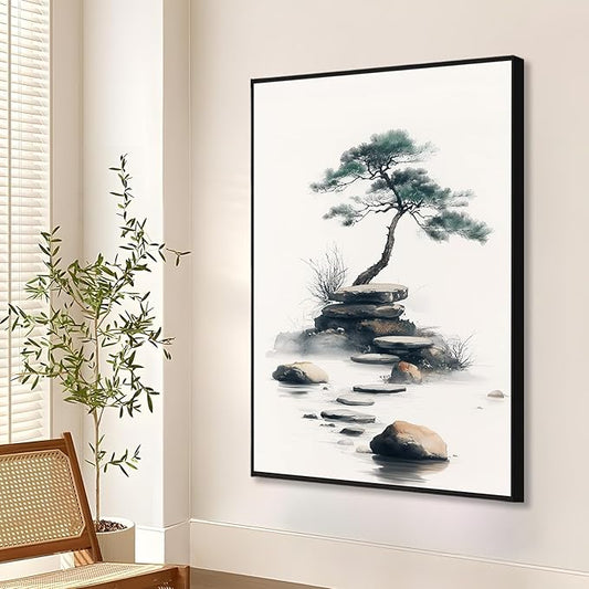 Zen Garden Canvas Wall Art, Zen Stone Canvas Wall Art, Zen Pictures Wall Art, Japanese Canvas Wall Art, Meditation Wall Art, Framed Canvas Print, Wall Art for Living Room, Zen Room (Black Framed, 15"x24"|40x60cm)
