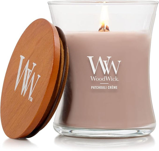 WoodWick Patchouli Crème Gifts for Women and Men, 9.7 oz Medium Hourglass Candle with Crackling Wick