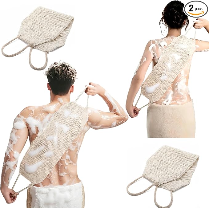 Natural Sisal & Ramie Back Scrubber for Shower with Handle（2pcs） - Deep Cleanse Back Scrubber, Scrub Spa Tool for Glowing Skin & Whole Body Care (2pcs)