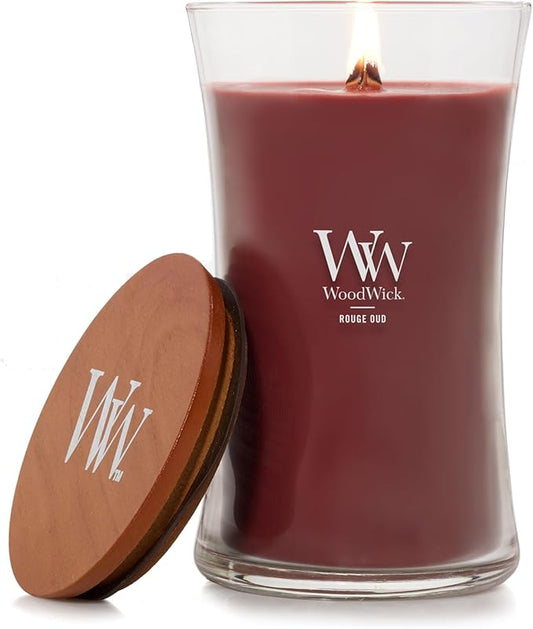 WoodWick Rouge Oud Gifts for Women and Men, 21.5 oz Large Hourglass Candle with Crackling Wick