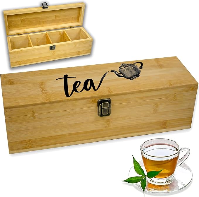 Tea Organizer Box Food Safe Bamboo Wood Chemical Free Big, Tall, Adjustable Cubbies Natural Storage Chest (4-Slot Across 14.3" x 4.4" x 4.2" with Tea Cup design)