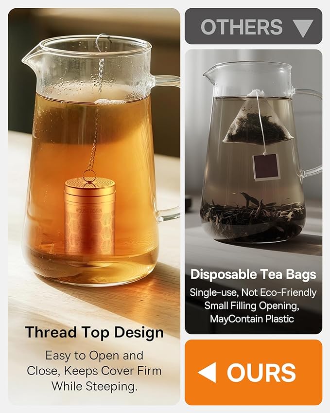 House Again Tea Infusers, Extra Fine Mesh Tea Strainers for Loose Tea, Updated Slim Threaded Lid & 304 Stainless Steel, Filter Bags Diffusers, Loose Leaf Tea Steeper for Brew Tea Spices & Seasonings