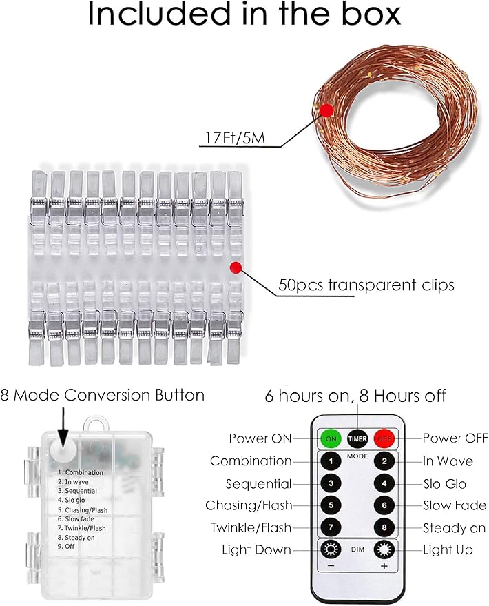 LECLSTAR 50 LED Photo Clips String Lights, 17ft with Remote - 8 Modes Fairy Lights to Clip on Pictures, Photos, Cards