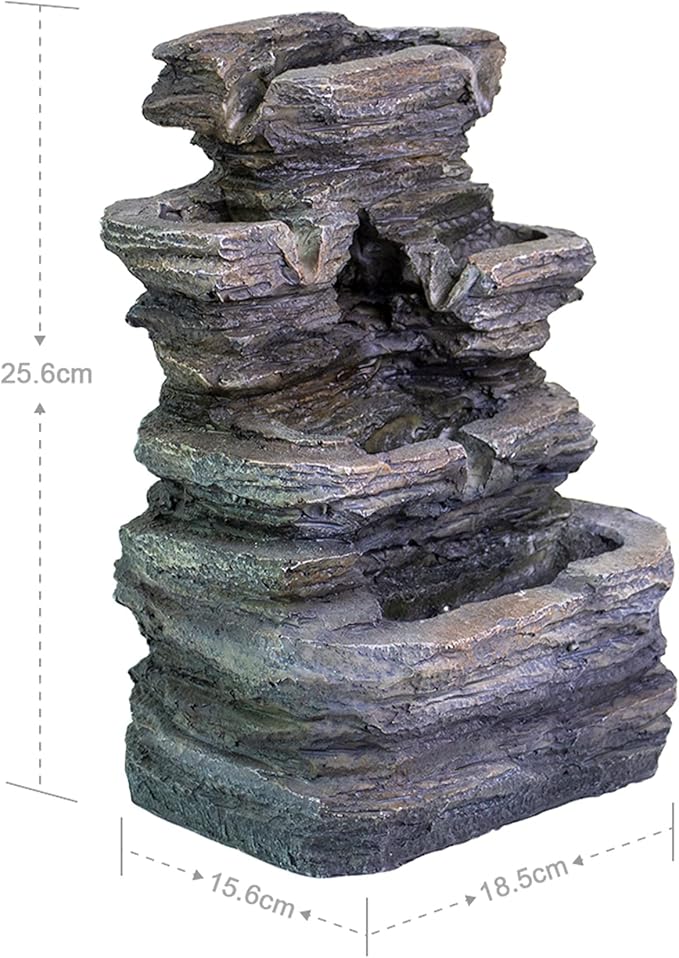 Ferrisland 5-Tier Cascading Tabletop Fountain with LED Lights - Indoor Water Fountain Decor Tabletop Small Relaxation Waterfall Feature Dark Gray