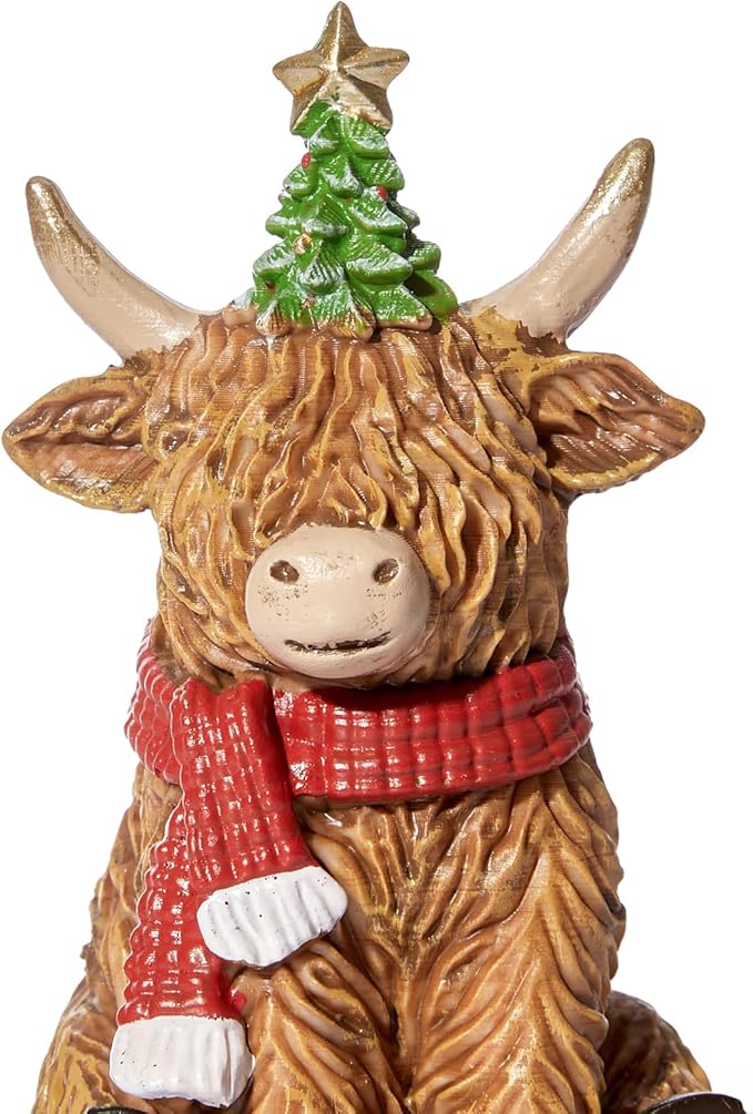 RM ROOMERS Christmas Highland Cow Decor Resin Highland Cow Figurines with Santa Hat Scarf & Tree for Tabletop Shelf Mantel Home Christmas Decoration (Set of 2, 5.39" & 4.48”H)
