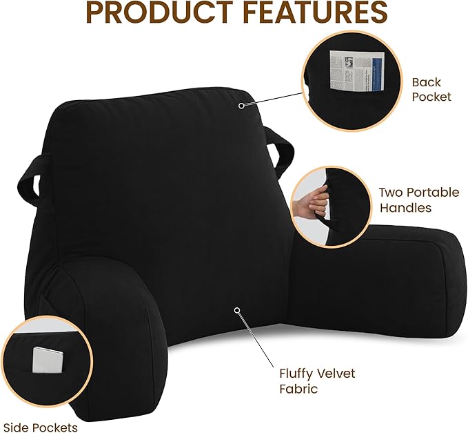 Portable Comfy Reading Pillows for Bed Sitting Up(Black Oeko-Tex), Velvet Back Pillow with Arms & Pockets for Adults, Support Memory Foam Bed Pillow for Dorm/Reading/Watching/Gaming
