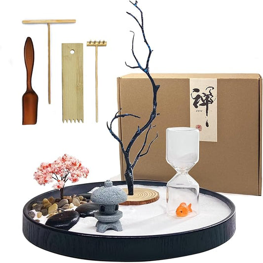 Desktop Zen Garden with Refillable Hourglass and Koi Fish – Miniature Japanese Rock Garden Kit with Sand, Rake, and Accessories – Stress Relief Desk Decor for Home & Office