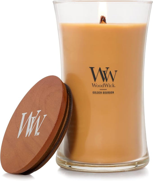 WoodWick Golden Bourbon Holiday Candle Gifts for Women and Men, 21.5 oz Large Hourglass Candle with Crackling Wick