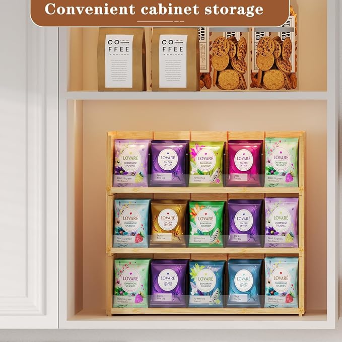 X-cosrack Bamboo Tea Bag Organizer Storage Box, 3 Tier Stackable Tea Bag Box Natural Wood, Wall Mount Tea Chests with Acrylic for tea bags Office Kitchen Cabinet Pantry