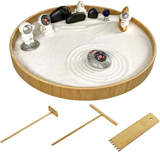 Zen Garden for Desk, Spaceman Theme Mini Zen Garden Desktop Decor, Zen Relaxation Sand Tray with Astronaut Statue for Office, Living Room or Bedroom, Zen Gift Meditation Accessories