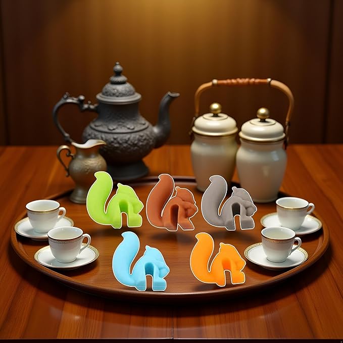 5 Pcs Colorful Cute Squirrel Shape Silicone Tea Bag Holder Cup, Squirrel Drink Markers, Tea Bag Holder for Cup Hanging Tool Mug Candy Colors Gift Set, Tea Bag Coasters