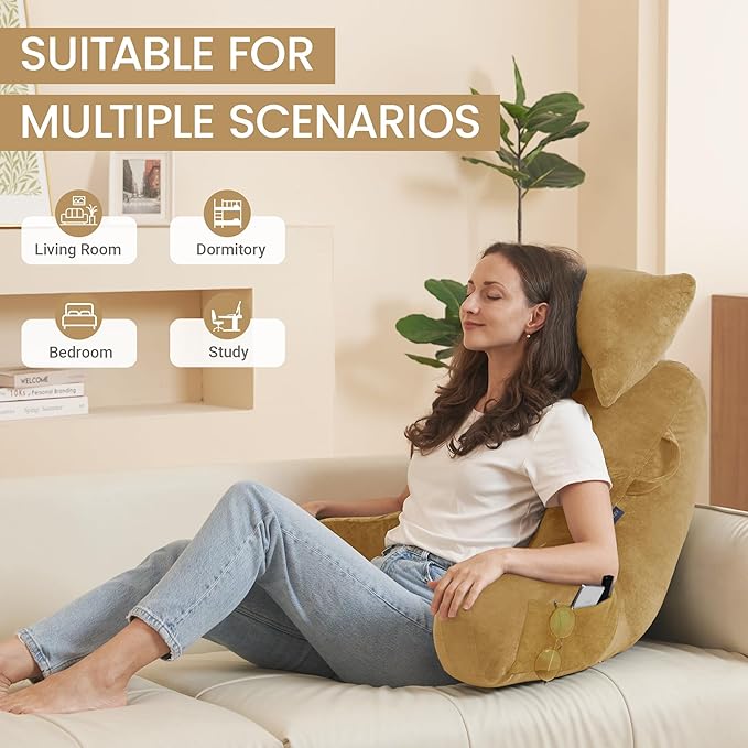 Portable Reading Pillows with Headrest for Bed Sitting Up(Camel Oeko-Tex), Velvet Back Pillow with Arms & Pockets for Adults, Support Memory Foam Bed Pillow for Dorm/Reading/Watching/Gaming