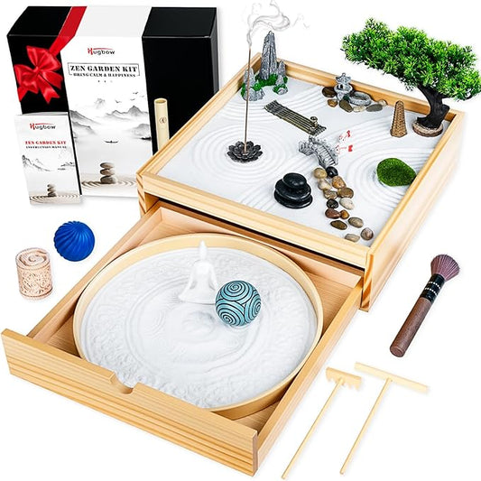 Japanese Zen Garden Kit for Desk,Two-in-One Mini Zen Garden with Incense,26PCS Sand Tray Therapy Kit with 3 Stamp Spheres,Japanese Decor for Home&Office Desk and Meditation Therapy