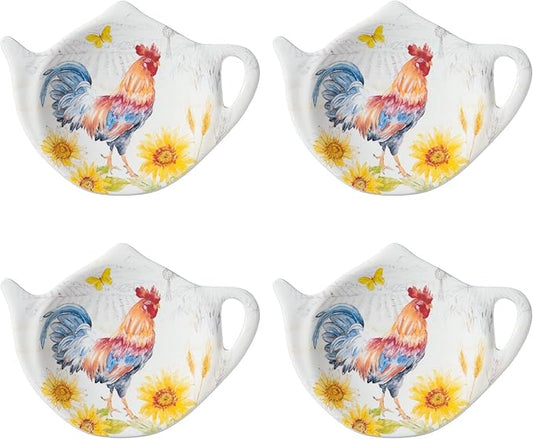 Supreme Housewares Sunshine Rooster Tea Bag Holders, Teapot Shaped Tea Bag Coasters Spoon Rests Saucer Seasoning Dish Set, Multicolor, 4 x 3 Inch, Set of 4