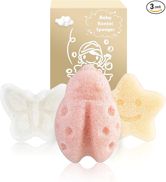 MoHern Konjac Baby Sponge for Bathing, 3Pcs Natural Cute Shapes, Kids Bath sponges for Infants, Toddler Bath time, Plant-Based, Extra Soft