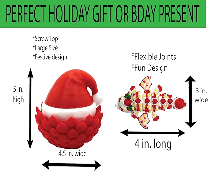 Fidget Toy Dragon Egg Santa Hat Container with Flexible Articulated Christmas Dragon, 3D Printed, Birthday Gift, Christmas Holiday Present, Stocking Stuffer, Easter Basket Filler