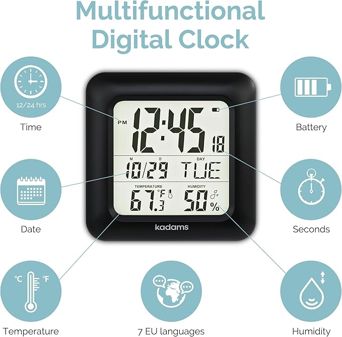 KADAMS Bathroom Clock 9.5" Kitchen Wall Clock with Large LCD Screen – Shower Clock with Suction Cup,Temperature, Humidity, Calendar – Water-Resistant, 4 Mounting Options, Black