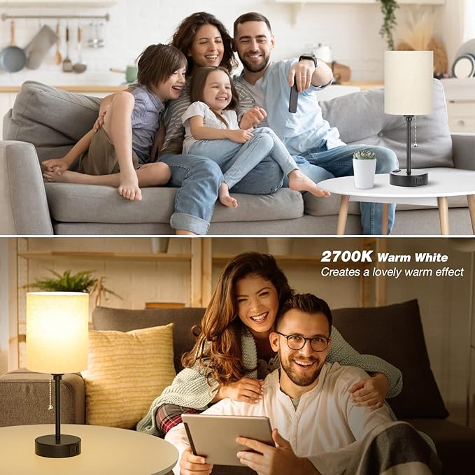 Beige Small Lamps 3 Levels Brightness - 3000K 4000K 5000K Bedside Lamps with USB C and A Ports, Pull Chain Table Lamps with AC Outlet, Nightstand Lamps with Black Metal Base for Bedroom Kids Reading