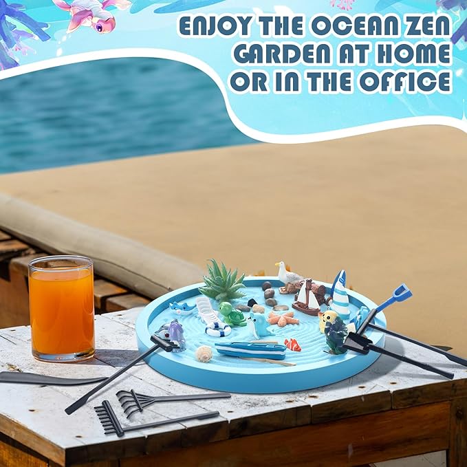 37 Pcs Ocean Zen Garden Kit for Desk 10 x 10 Inches Japanese Beach Sea Decoration Mini Zen DIY Gifts Set with Mini Decorative Tools Blue Tray and Sand for Desktop Meditation Accessories