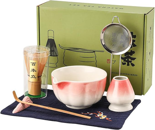 Matcha Whisk Set, 7-Pack Peach Pink Matcha Set - Include Ceramic Petal Matcha Bowl with Spout, Bamboo Whisk, Chasen Holder, Sifter, Scoop, Tea Towel, Scoop Rest - Matcha Making Kit for Tea Lover