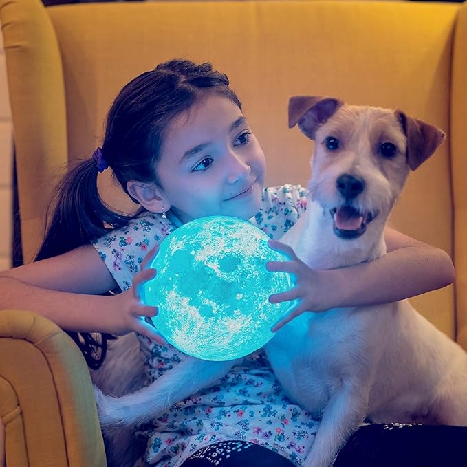 PRUGNA Moon Lamp, 1200mAh Ultra-Long Endurance Night Light, 7.1" 16 Colors LED Moon Light, Remote&Touch Control Room Decor Lamps for Kids Women Gift