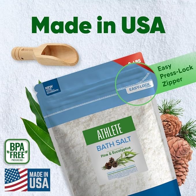 Athlete Bath Salt 128 Ounces Epsom Salt with Natural Lavender, Pine, Peppermint and Eucalyptus Essential Oils Plus Vitamin C in BPA Free Pouch with Easy Press-Lock Seal