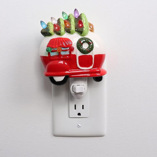 Milltown Merchants Ceramic Night Light - Plugin Vintage Tree with Lights - Mini Decorative Tree (Camper)
