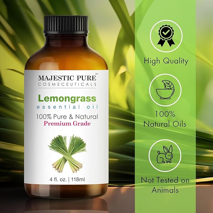 Majestic Pure Essential Oil with Glass Dropper - 100% Pure and Natural - Essential Oils for Diffuser, Aromatherapy, Soap and Candle Making, Lemongrass Essential Oil, Lemongrass Oil, 4 Fl Oz Pack of 2