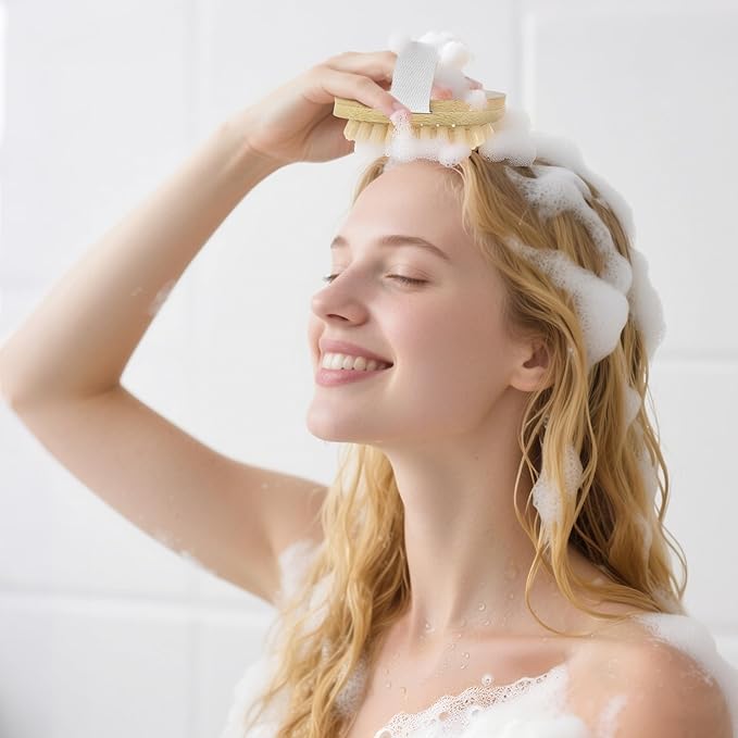 Readaeer Bamboo Bath Brush Set, Long Handles with 2 Removable Brush Heads, Bristle Bristles/Wood Massage Particles, Fine Soft Brush, 3 Brush Heads