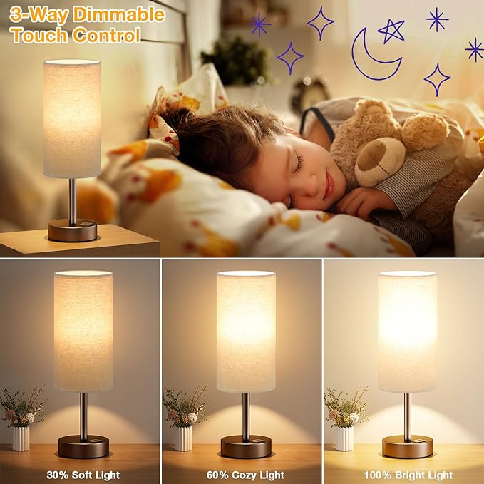 Beige Touch Table Lamp for Bedroom - 3 Way Dimmable Bedside Lamp with USB, Nightstand Lamp with Brown Charging Station for Desk, Dorm, Office