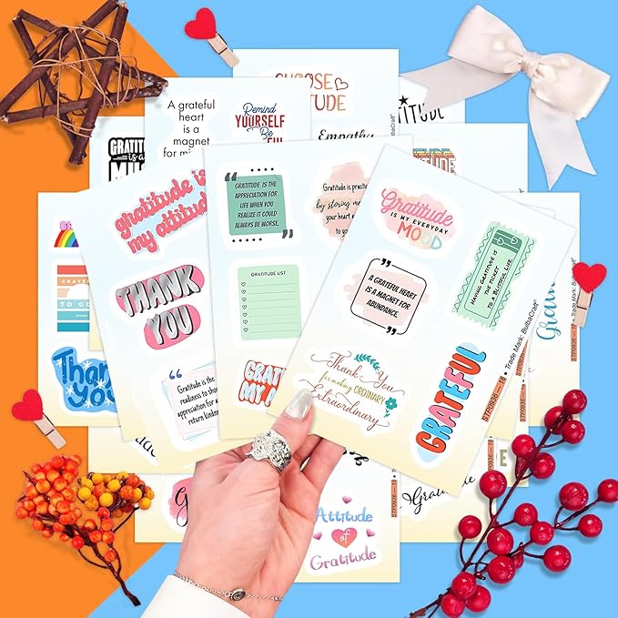 BulbaCraft Gratitude Stickers for Water Bottle and Laptop - Inspirational Party Favors & Decorations, Waterproof Vinyl Positive Decals, Thankfulness Stickers Laptop Decals, Gifts for Women & Men