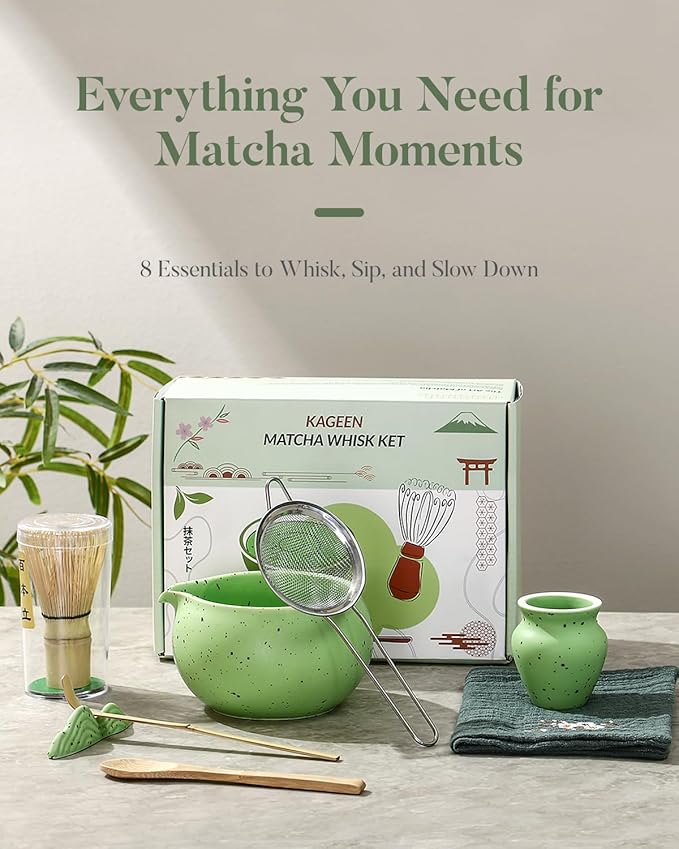 Matcha Whisk Set - 8 Piece Japanese Matcha Tea Set with Matcha Bowl with Spout, Bamboo Whisk, Scoop & Sifter | Matcha Kit for Making Smooth, Frothy Matcha at Home or as a Gift