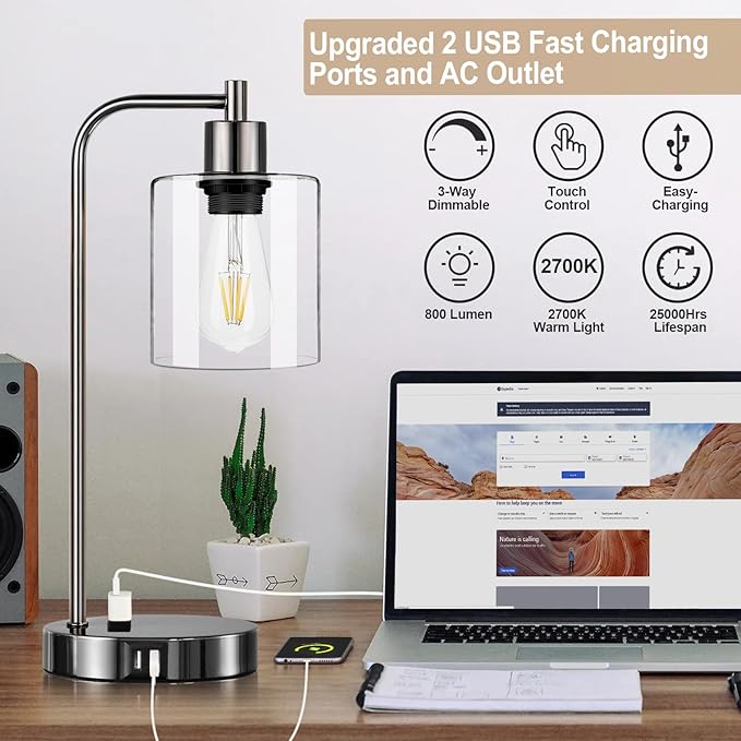 Industrial Touch Control Table Lamps Set of 2 - Black Nickel Bedside Lamps with 2 USB Ports & AC Outlet, 3-Way Dimmable Nightstand Desk Lamp for Bedroom Living Room, Glass Shade & 2 LED Bulbs Included